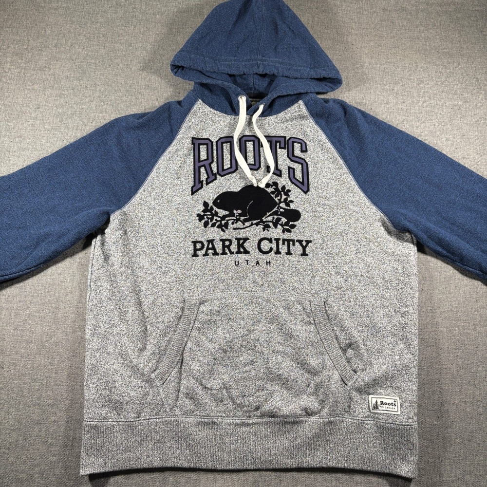 Roots Hoodie Mens Large Blue Gray Park City Utah Raglan Graphic Sweatshirt